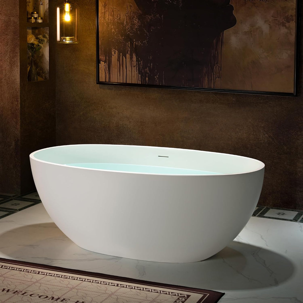 WOODBRIDGE 59" Stone Resin Freestanding Soaking Tub, Modern Oval Solid Surface Bathtub with Integrated Slotted Overflow & Drain, Matte White, B0055