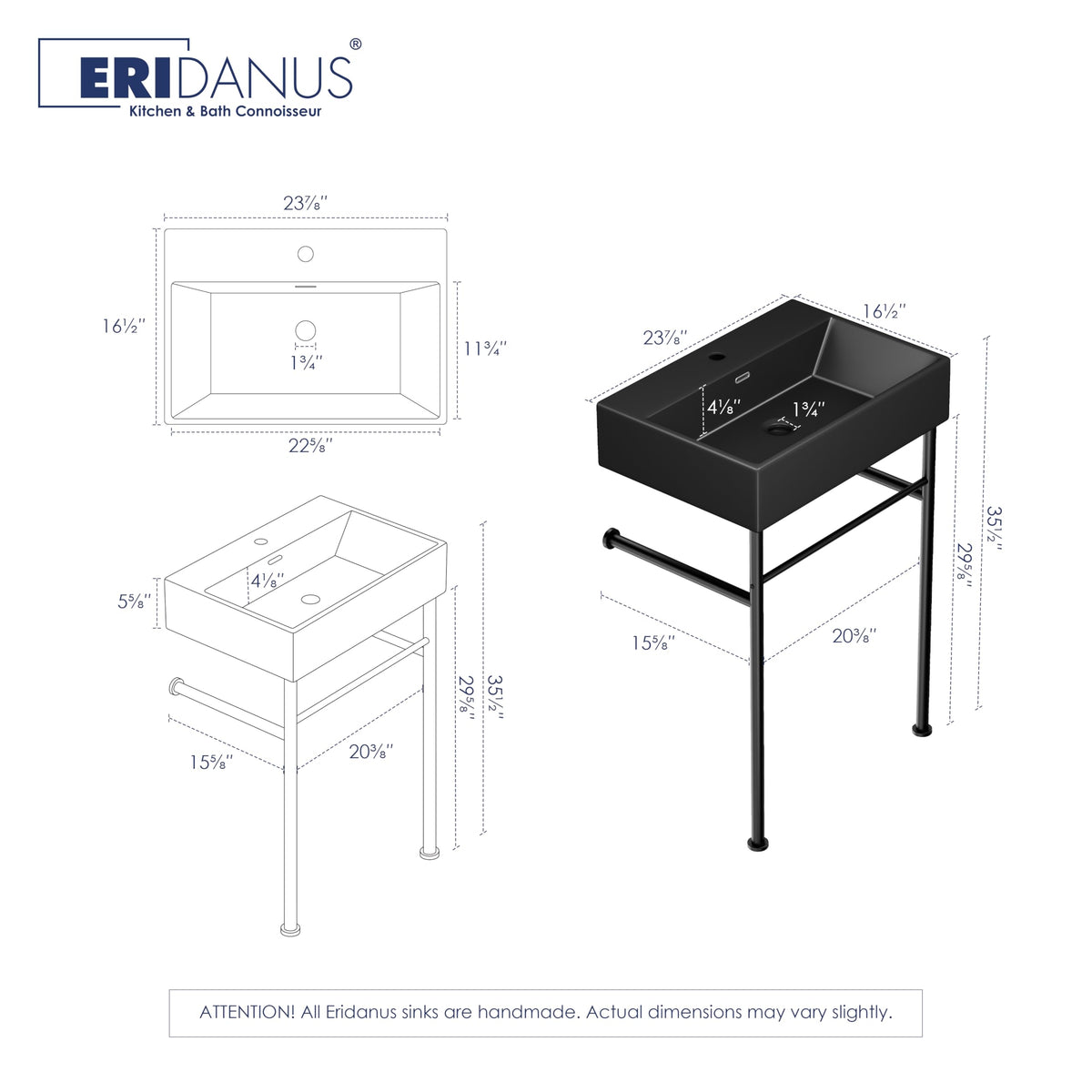Eridanus 24"x16" Console Bathroom Sink, Free Standing 30 Inch Stainless Steel Support Pedestal Legs, Wall Mount White Vessel Ceramic Vanity Basin, Modern Rectangular Sinks Porcelain, Matte Black