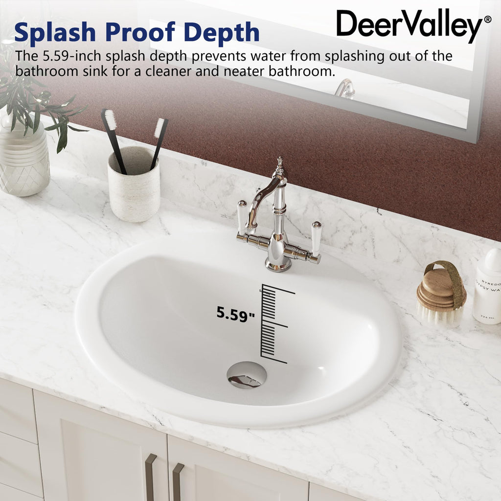 DeerValley Drop In Bathroom Sink White 21"x18" Rectangle Sleek 3-Hole Basin