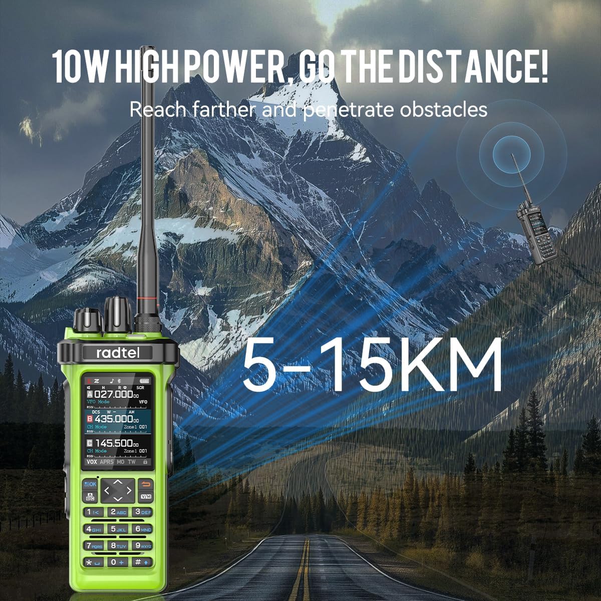 Radtel RT-950 PRO Ham Radio TX GPS/APRS, 10W Walkie Talkie Long Range Handheld Two Way Radio, AM/FM/CB/SW/MW/LW RX, Bluetooth APP Programming, NOAA, Spectrum Analyzerï¼Green (with Programming Cable)