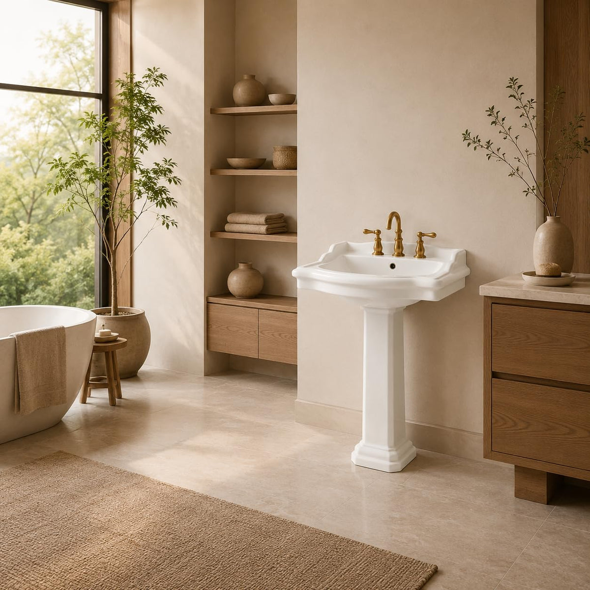 Garvee White Ceramic Pedestal Bathroom Sink, Single Hole Freestanding Basin