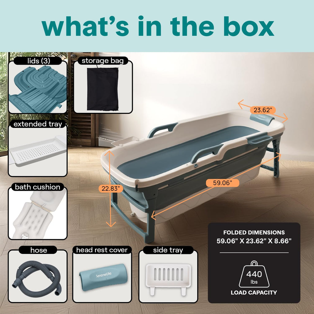 Serenelife 59" Portable Bathtub for Adults â Large Foldable Ice Bath Tub for Cold Plunge & Hot Spa, Freestanding Soaking Tub for Indoor/Outdoor, Athlete Recovery & Family Use, 440lbs Capacity