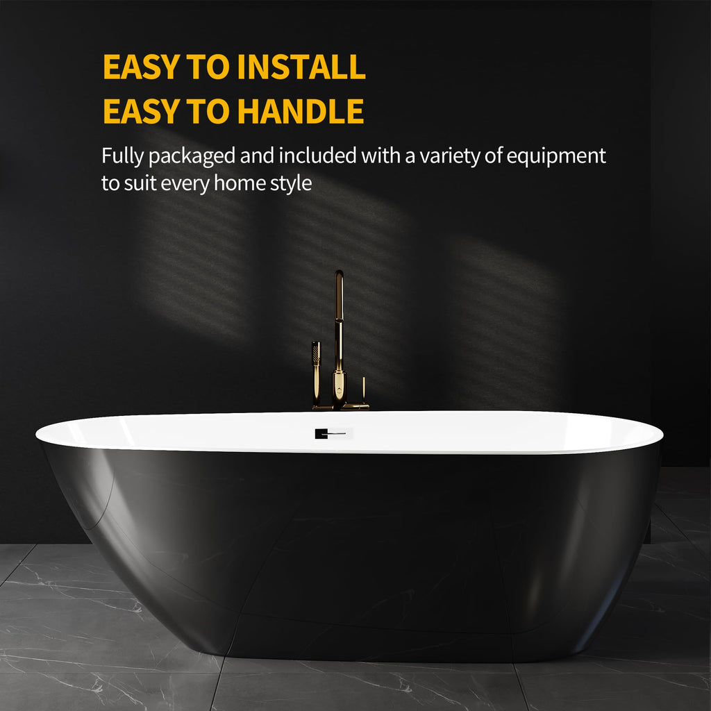 67'' Acrylic Freestanding Bathtub, Extra-Deep Soaking Free Standing Tub for Luxurious Bathing Experience, with Chrome Drain, for Main Bathroom, Black & White
