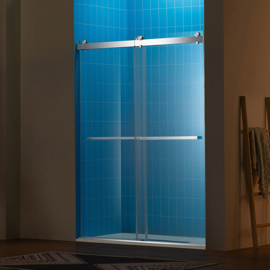 Woodbridge 56-60" W x 62" H Frameless Bathtub Shower Door,Double Sliding Soft-Close Doors,3/8(10mm) Tempered Glass with Explosion Proof Film in Brushed Bronze Finish