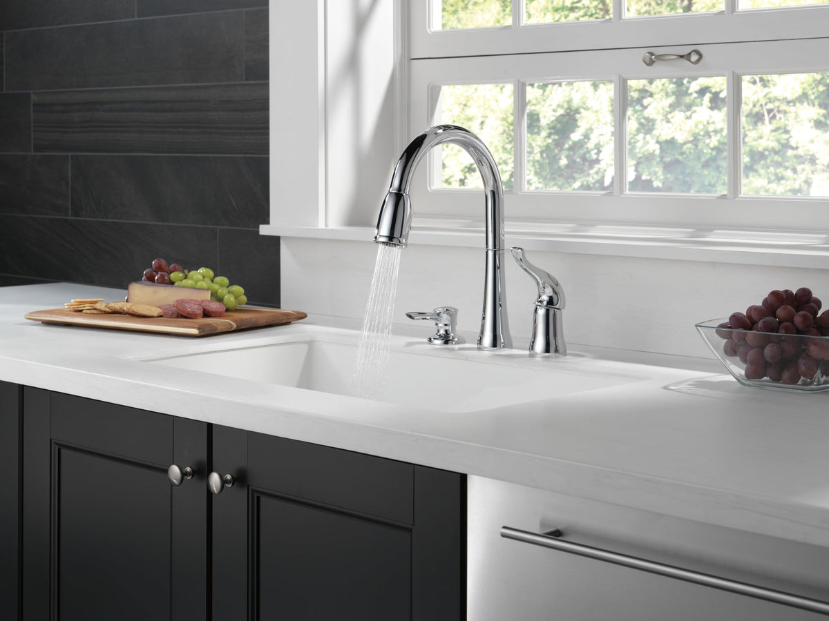 Delta Kate Brushed Nickel Kitchen Faucet with Pull Down Sprayer and Soap Disperser, Modern Two Hole Kitchen Sink Faucet, Single Handle, Stainless 16970-SSSD-DST