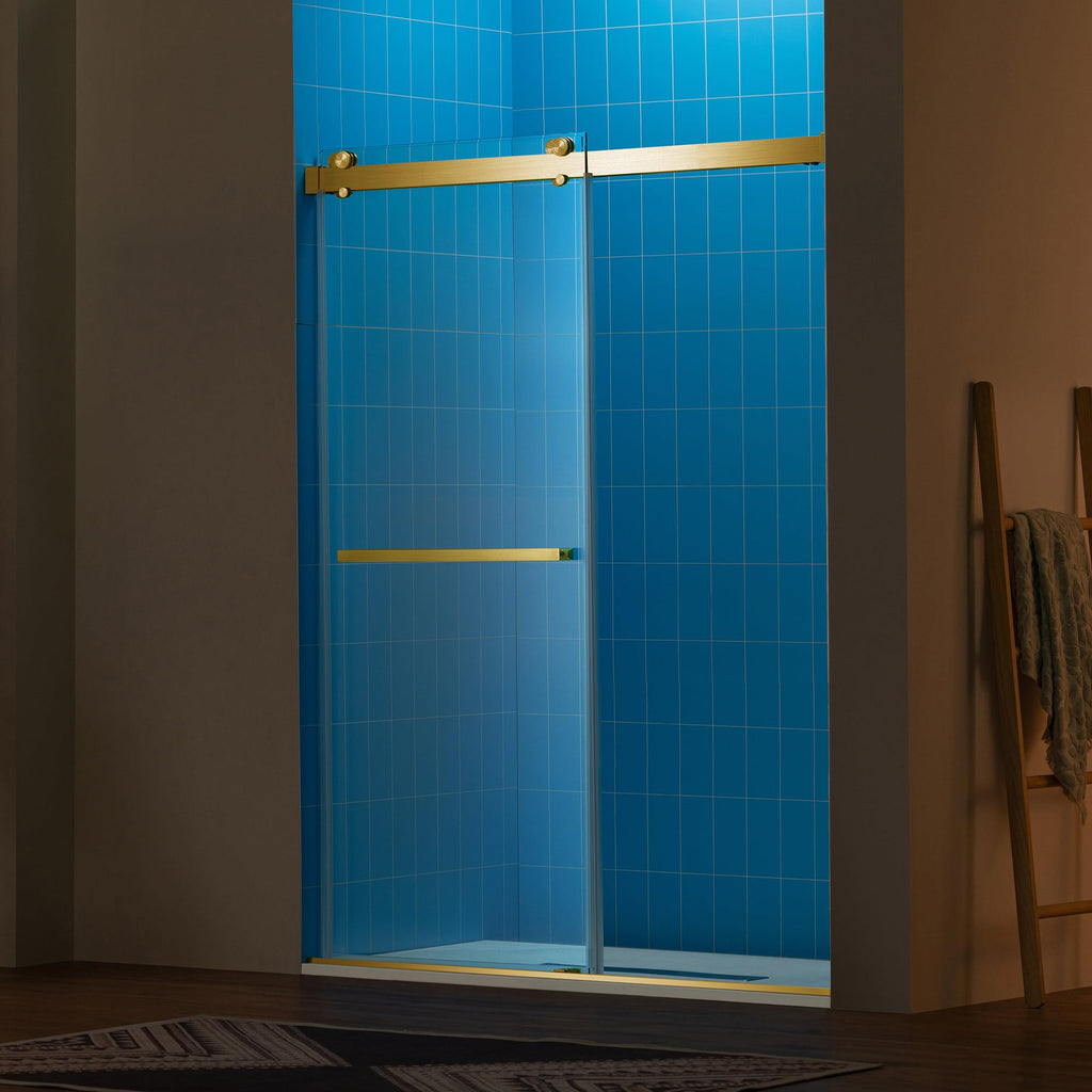 Woodbridge 56-60" W x 62" H Frameless Bathtub Shower Door,Double Sliding Soft-Close Doors,3/8(10mm) Tempered Glass with Explosion Proof Film in Brushed Bronze Finish