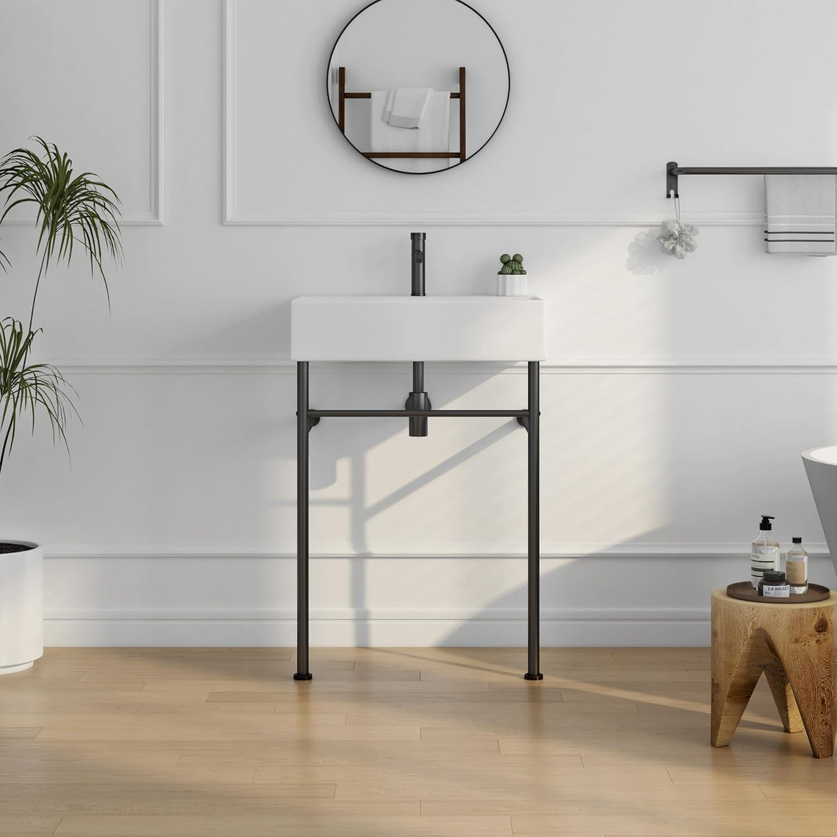 Eridanus 24"x16" Console Bathroom Sink, Free Standing 30 Inch Stainless Steel Support Pedestal Legs, Wall Mount White Vessel Ceramic Vanity Basin, Modern Rectangular Sinks Porcelain, Matte Black