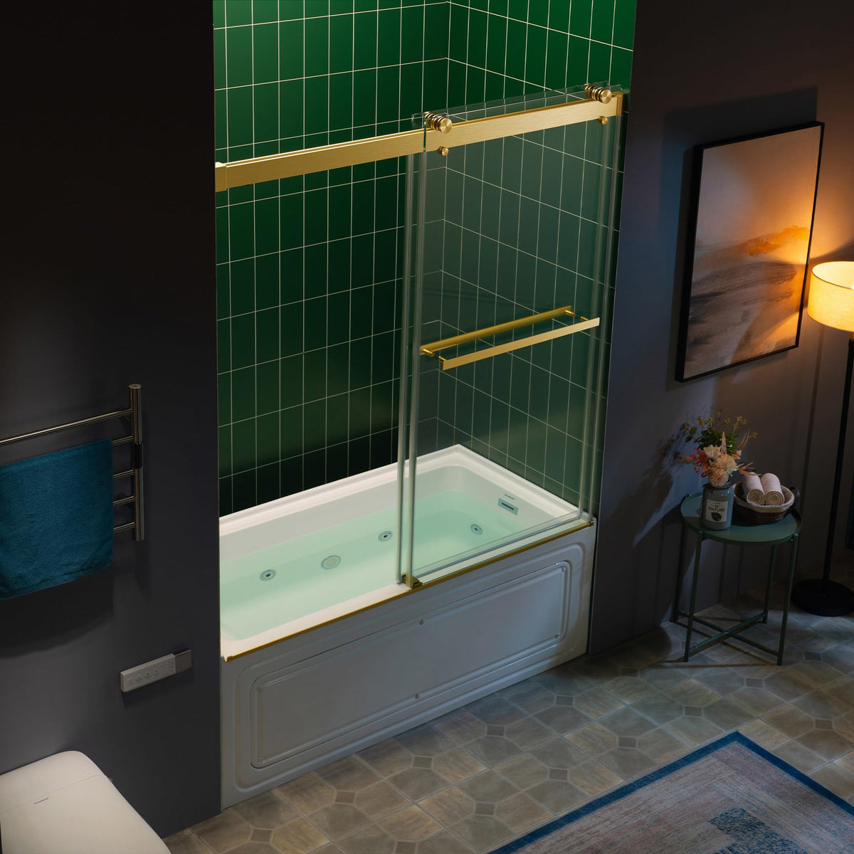 Woodbridge 56-60" W x 62" H Frameless Bathtub Shower Door,Double Sliding Soft-Close Doors,3/8(10mm) Tempered Glass with Explosion Proof Film in Brushed Bronze Finish
