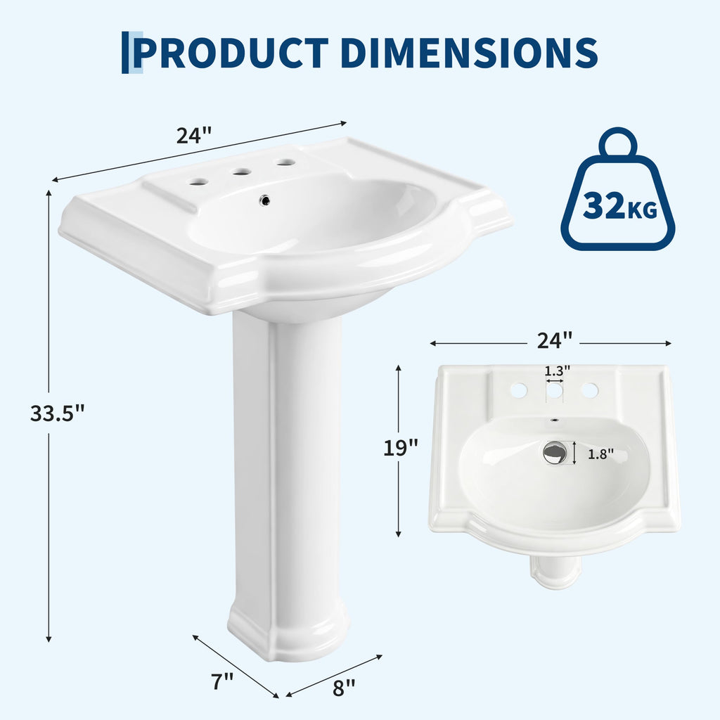 Garvee White Ceramic Pedestal Bathroom Sink, Single Hole Freestanding Basin