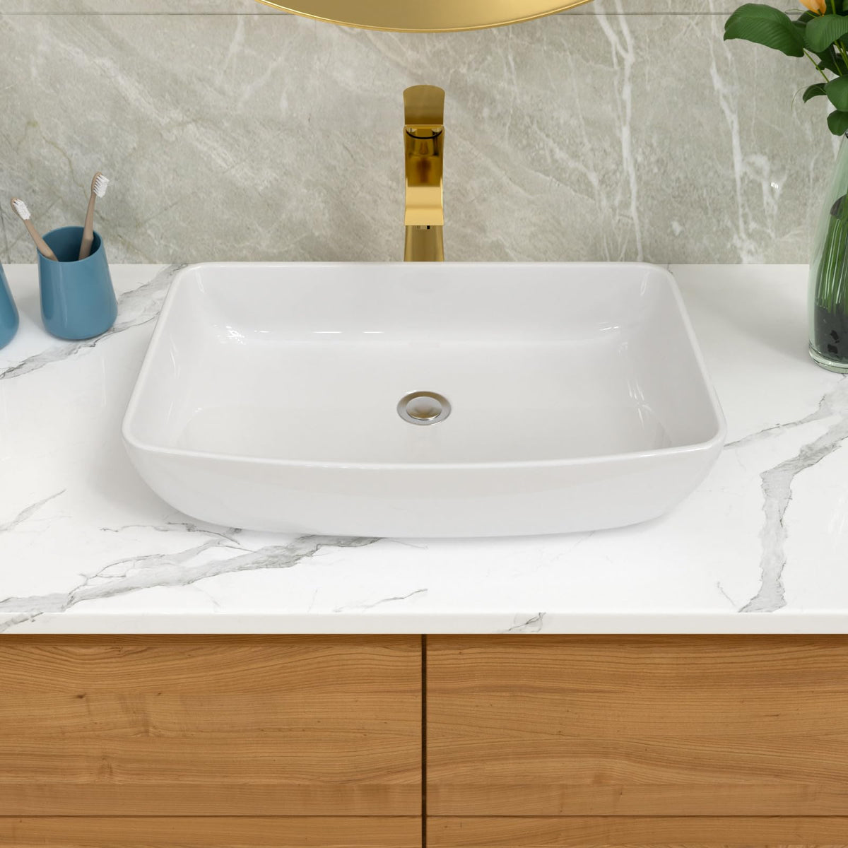 Bathroom Vessel Sink 19"x15" Rectangle Sink Above Counter White Porcelain Ceramic Modern Vanity Sink Art Basin with Faucet Hole