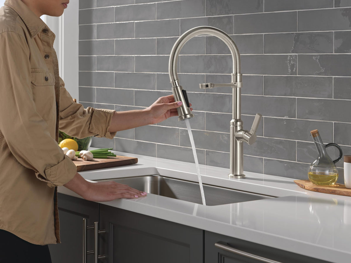Delta Faucet Rhett Pro Commercial Style Kitchen Faucet with Pull Down Sprayer, Gold Commercial Kitchen Faucet, Spring Kitchen Faucet, Delta Kitchen Sink Faucet, Champagne Bronze 18829-CZ-DST