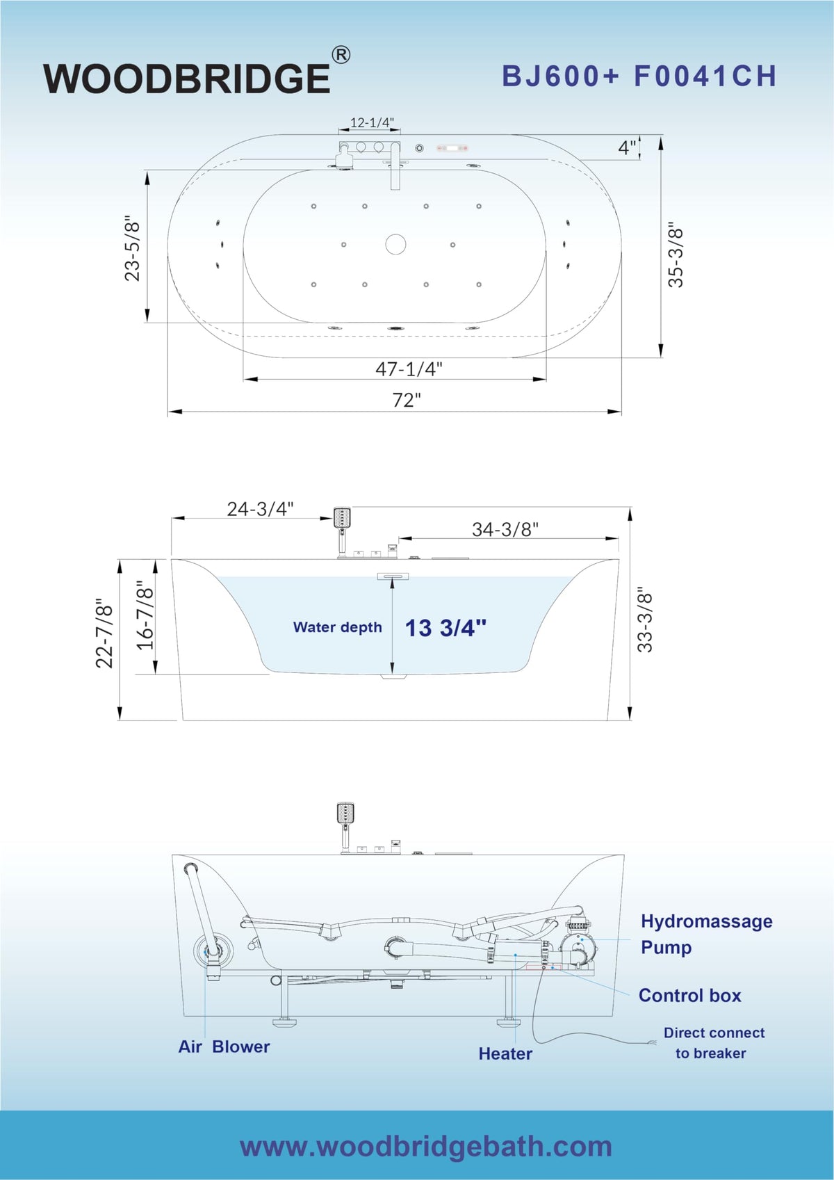 WOODBRIDGE 59"Ã31-1/2" Compact Whirlpool & Air, Heated Bathtub with Faucet
