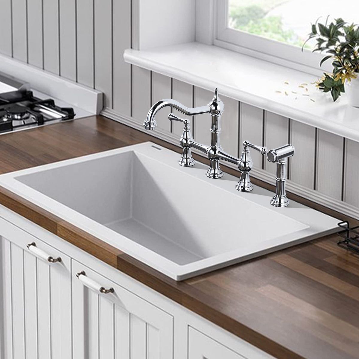 WOWOW Brass Bridge Kitchen Faucet 4 Hole with Side Sprayer, Brushed Gold