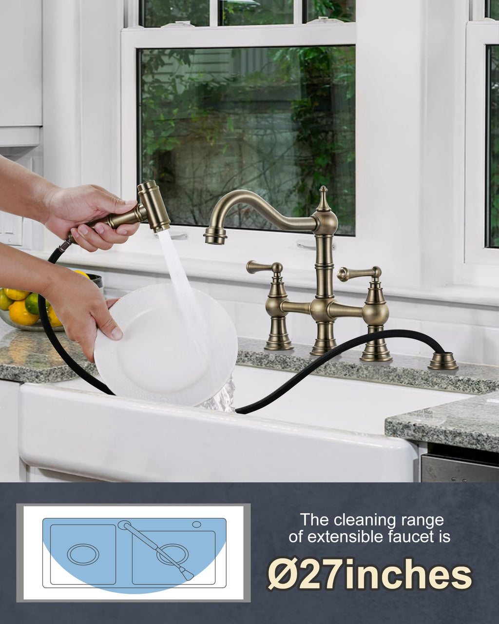 WOWOW Brass Bridge Kitchen Faucet 4 Hole with Side Sprayer, Brushed Gold