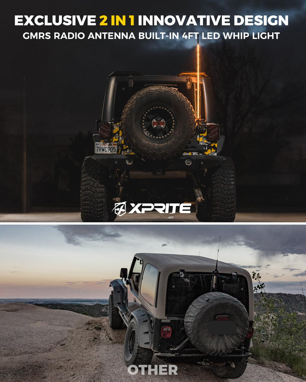 Xprite 4FT LED CB Radio Antenna with Amber Whip Lights & Rocker Switch