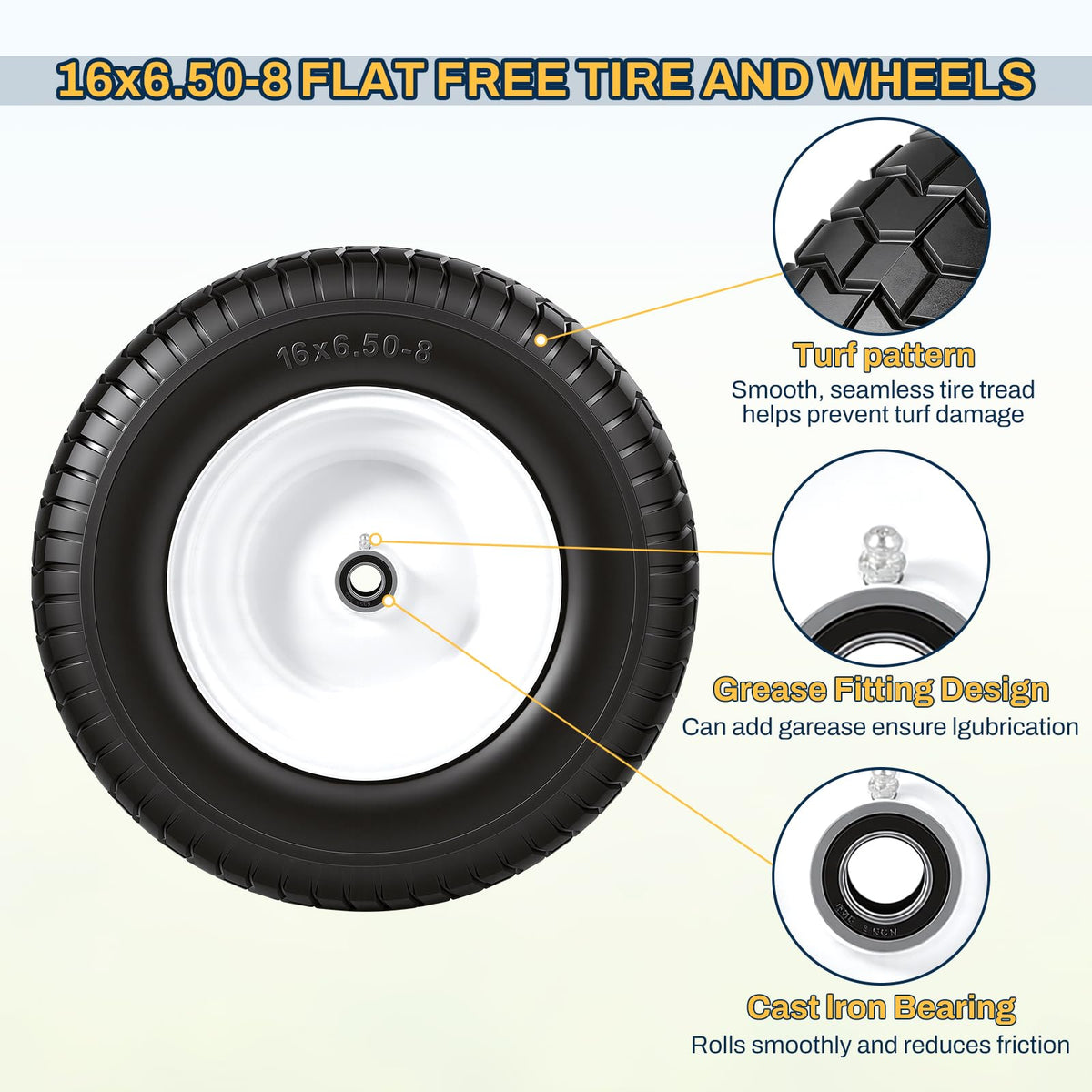 15x6.00-6 Flat Free Lawn Mower Tire and Wheel, 15x6-6 Front Tire Assembly