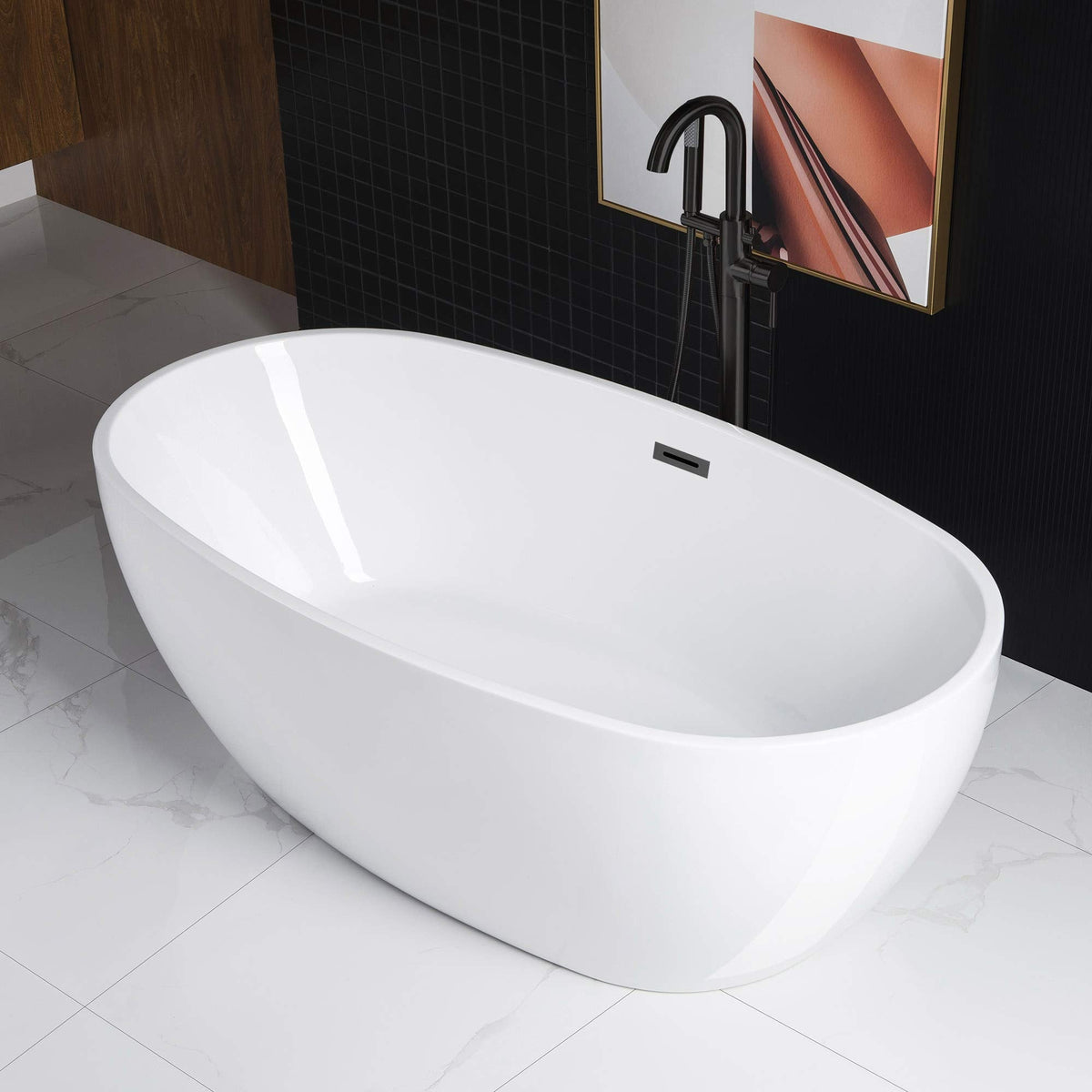 WOODBRIDGE 59"Freestanding White Acylic Soaking Bathtub with Brushed Nickel Drain and Overflow,BTA1518 -B/N-Drain &O