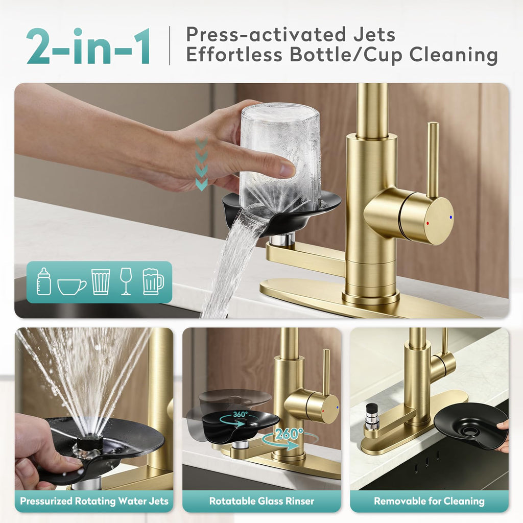 MIAOHUI Brushed Gold Kitchen Faucet with Glass Rinser, 4 Modes