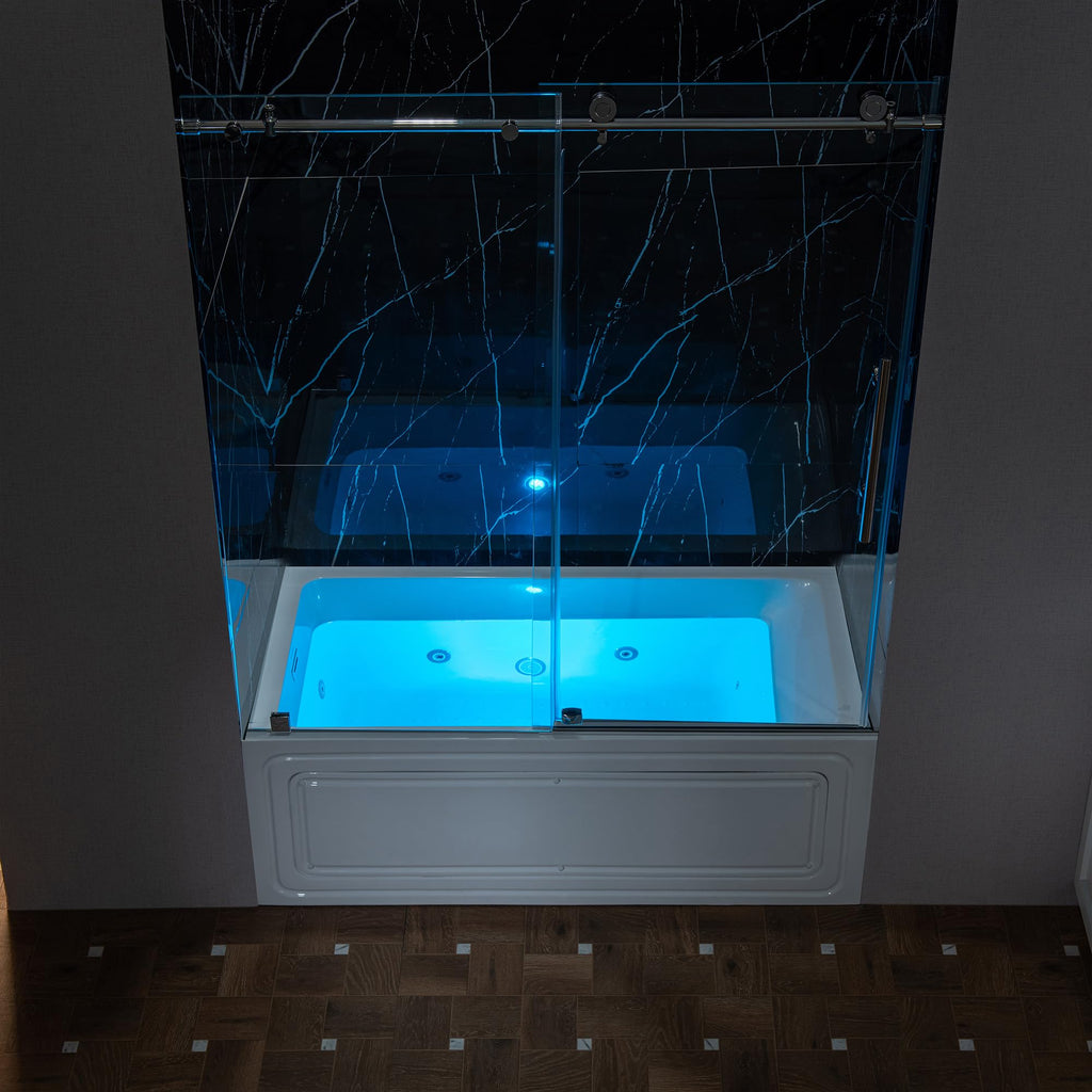 WOODBRIDGE 60" x 32" Alcove Acrylic Rectangular Whirlpool Heated Jetted Tub in White with Left Drain, Matte Black Finish, BS429-L-MB02