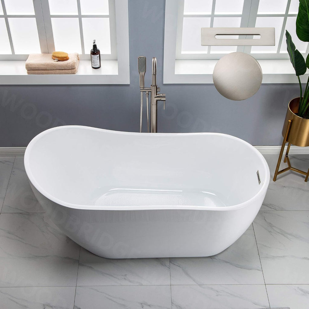 WOODBRIDGE 59" Acrylic Freestanding Bathtub Contemporary Soaking White Tub with Brushed Nickel Overflow and Drainï¼B-1530 -B/N-Drain &O
