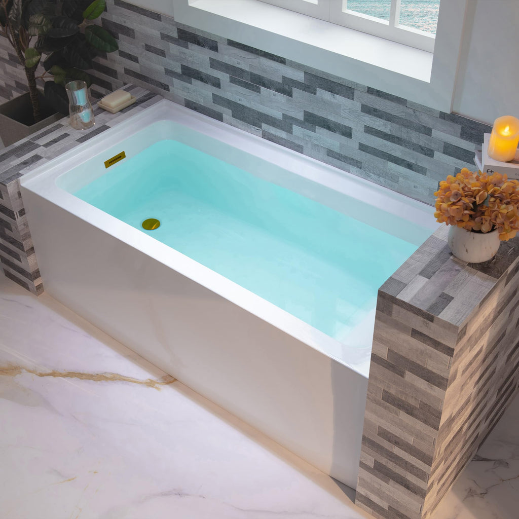 WOODBRIDGE 60" Acrylic Rectangular Alcove Soaking Bathtub in White with Left Drain, Brushed Nickel pop-up Drain Included, LB428-L