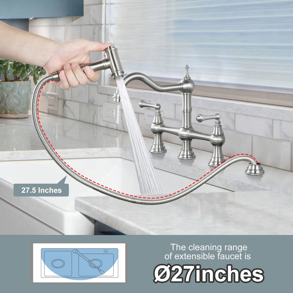 WOWOW Brass Bridge Kitchen Faucet 4 Hole with Side Sprayer, Brushed Gold