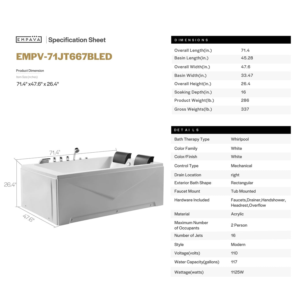Empava 60" Acrylic Alcove Whirlpool Bathtub, Jetted Soaking Tub