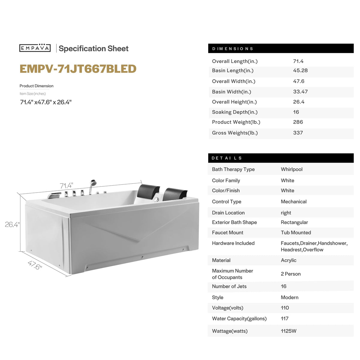 Empava 60" Acrylic Alcove Whirlpool Bathtub, Jetted Soaking Tub