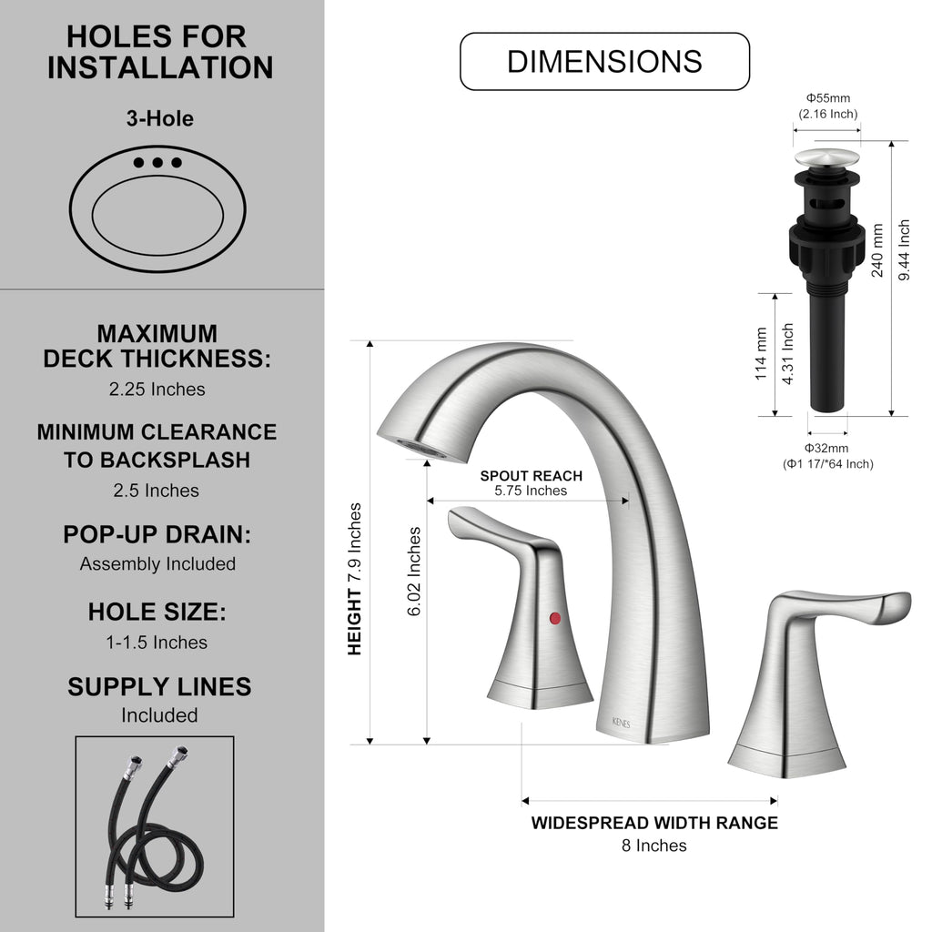 KENES Bathroom Faucets for Sink 3 Hole, Chrome 8 Inch 2 Handle Widespread
