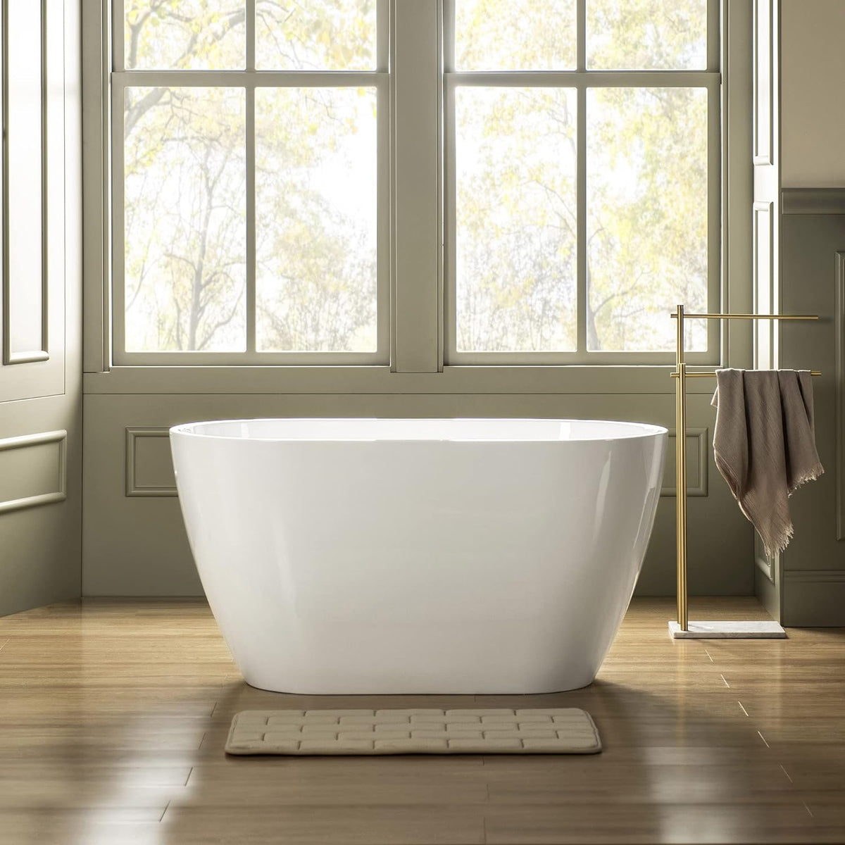 WOODBRIDGE 48" Acrylic Freestanding Bathtub Contemporary Soaking Tub, White Acrylic(Brushed Nickel Drain/Overflow),BTA1703-B/N-Drain&O