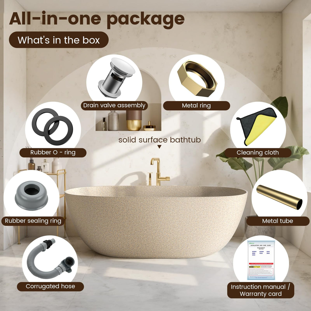61''Stone Resin Freestanding Bathtub,Solid Surface Soaking Tub with Deep Bath Design, Modern Oval Free Standing Tub with Integrated Drain & Hidden Overflow, Starry Gray
