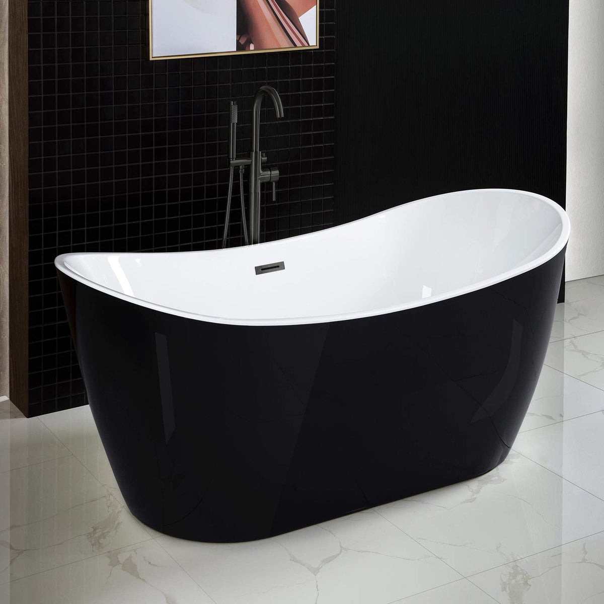 WOODBRIDGE 67" Acrylic Freestanding Bathtub Contemporary Soaking White Tub with Brushed Gold Overflow and Drain,B0010-BG