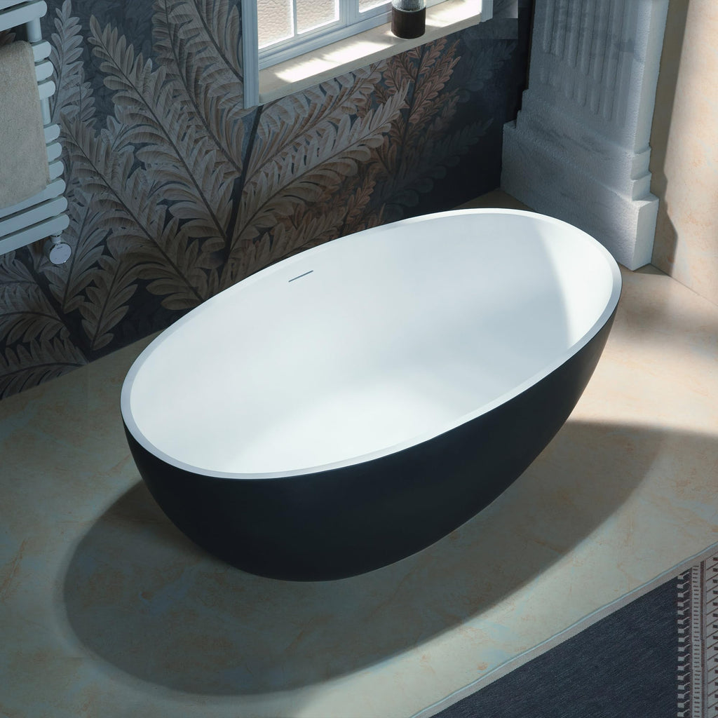 WOODBRIDGE 61" Stone Resin Freestanding Soaking Tub, Modern Oval Solid Surface Bathtub with Integrated Slotted Overflow & Drain, Matte White