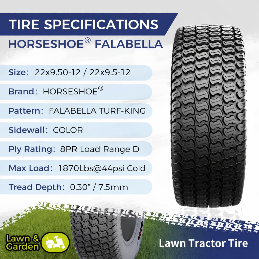 HORSESHOE FALABELLA (2-Pcs) 24X9.50-12 6-PLY LRC Lawn Mower 24x9.5x12 Riding Machine Golf Carts 24x9.5-12 Turf Equipment & Tractors Tires, Heavy Duty Turf-King, Color Sidewall