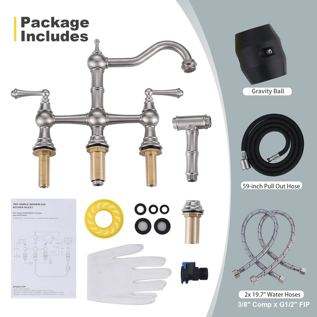 WOWOW Brass Bridge Kitchen Faucet 4 Hole with Side Sprayer, Brushed Gold