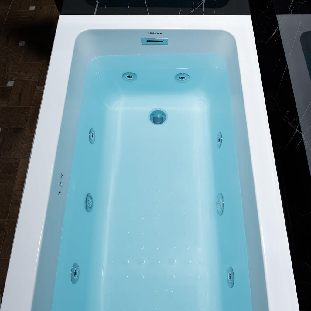 WOODBRIDGE 60" x 32" Alcove Acrylic Rectangular Whirlpool Heated Jetted Tub in White with Left Drain, Matte Black Finish, BS429-L-MB02