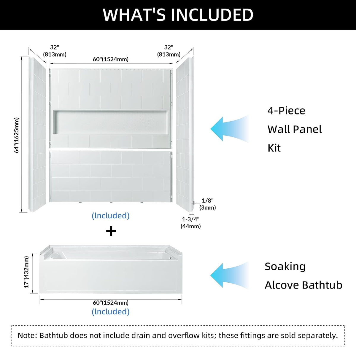 WOODBRIDGE 60â x 32â Four-Piece Direct-to-Stud Alcove Tub Surround with Left-Drain Hole Soaking Bathtub Combo in White