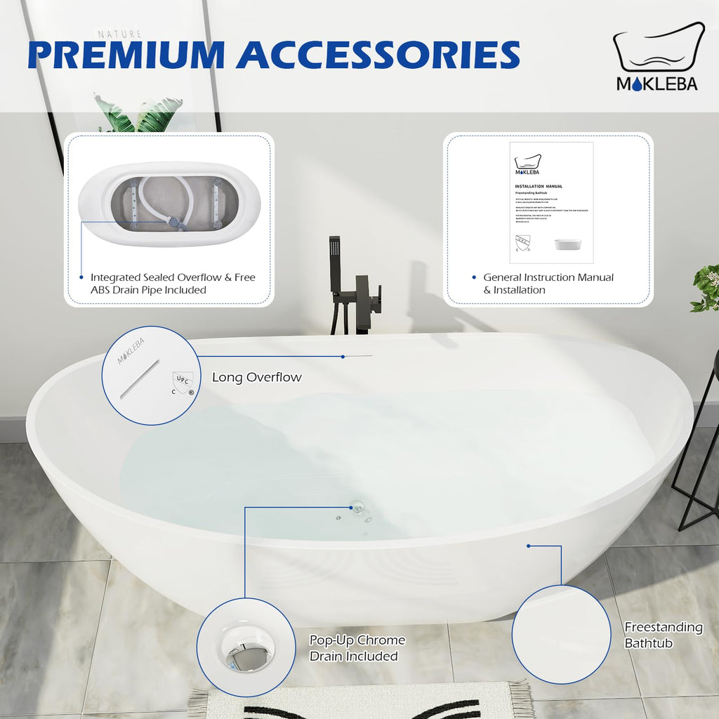 62" Lucite Acrylic Freestanding Bathtub, Double Slipper Soaking Tub