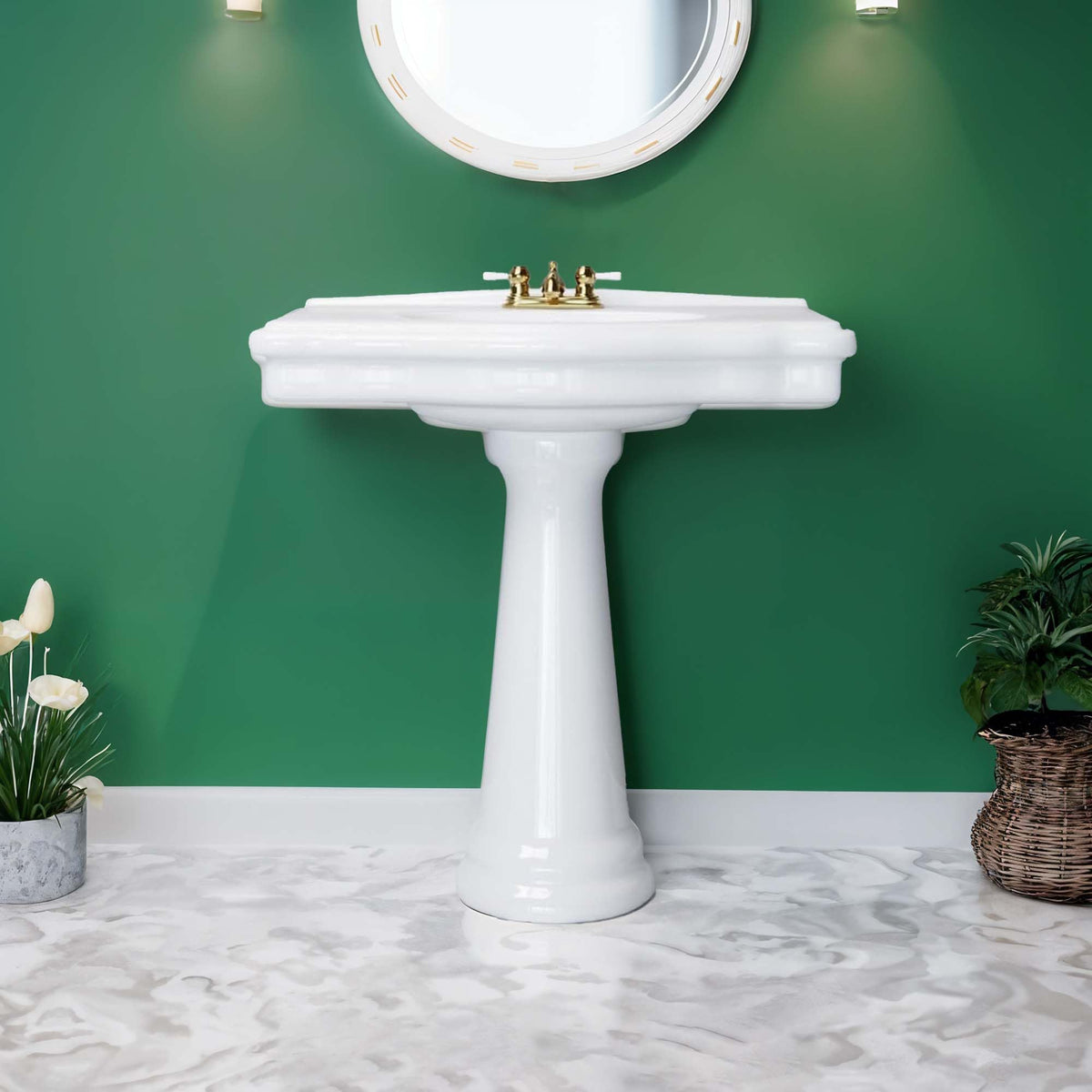 Renovators Supply Manufacturing Ondine Space Saving 16" W x 33" H x 14.5" Proj. Small Bathroom Pedestal Sink, Vitreous China, with Overflow, Compatible with 4 in. Centerset Faucets
