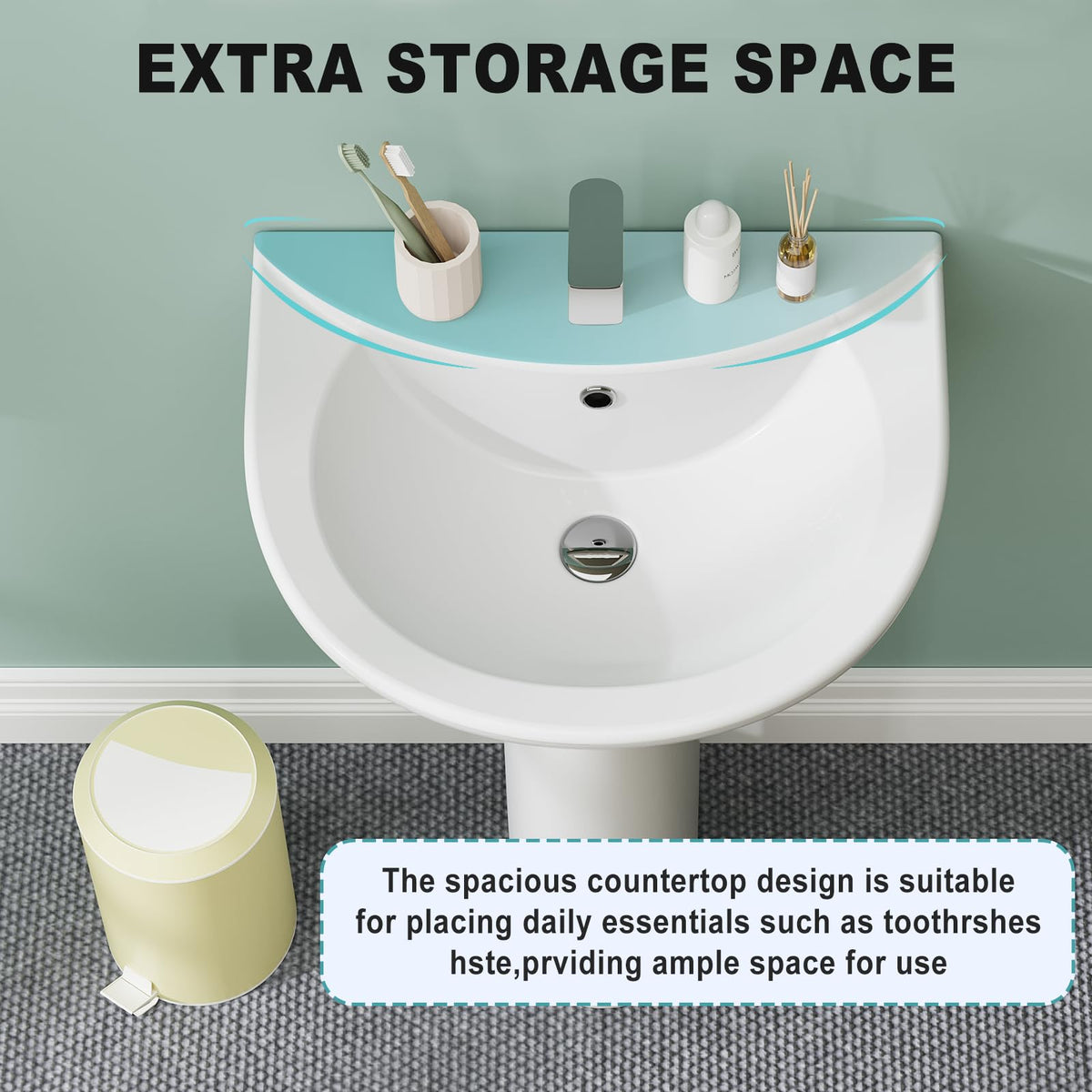26" W X 20" D Bathroom Pedestal Sink, Rectangular White Ceramic Vanity Sink with Overflow and 3 Pre-Drilled Holes - Fits 8-Inch Faucets,Freestanding Restroom Sink Combo for Small Spaces