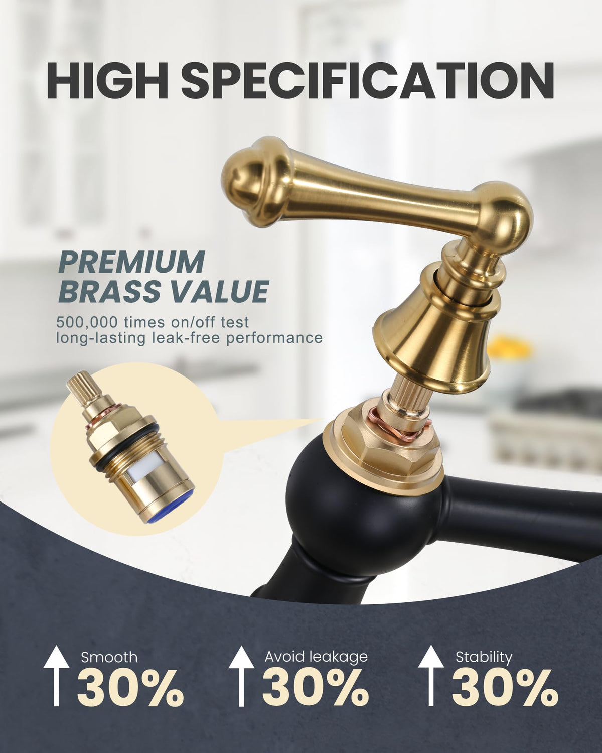 WOWOW Brass Bridge Kitchen Faucet 4 Hole with Side Sprayer, Brushed Gold