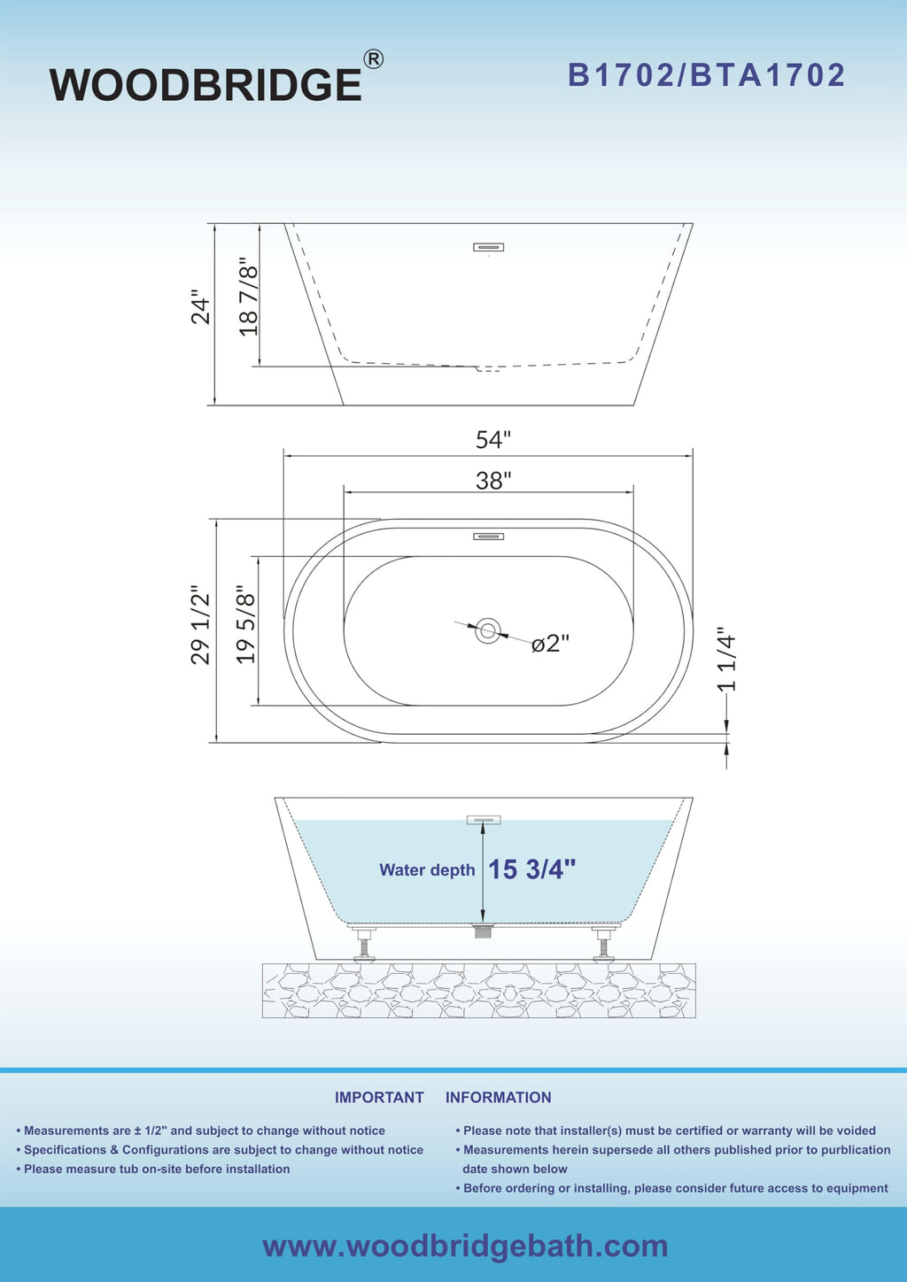 WOODBRIDGE 54" Acrylic Freestanding Bathtub Contemporary Soaking White Tub with Brushed Gold Overflow and Drainï¼BTA1702-BG