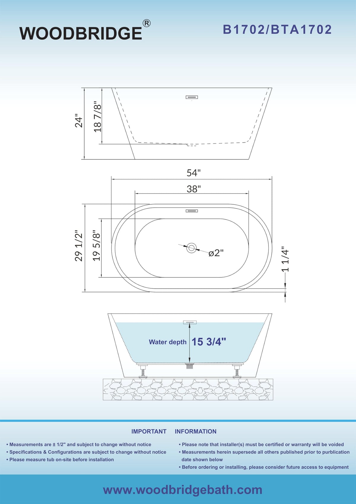 WOODBRIDGE 54" Acrylic Freestanding Bathtub Contemporary Soaking White Tub with Brushed Gold Overflow and Drainï¼BTA1702-BG