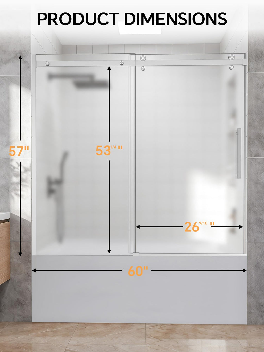 Frameless Bathtub Shower Door 56-60" W x 57" H, Brushed Nickel