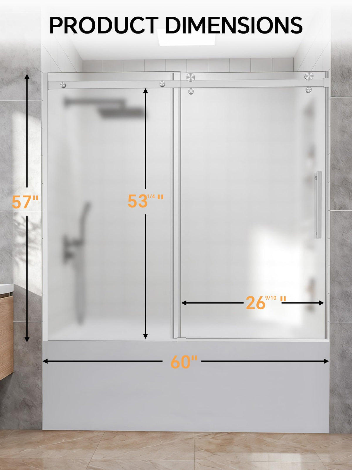Frameless Bathtub Shower Door 56-60" W x 57" H, Brushed Nickel