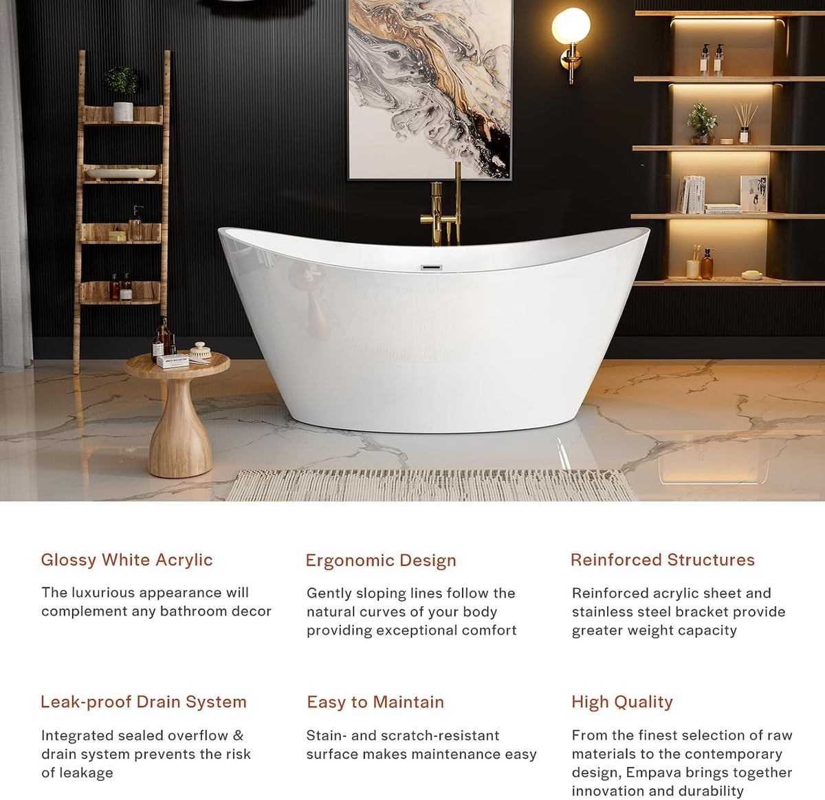 Empava 67" Luxury Freestanding Soaking Bathtub - Modern Oval Spa Tub