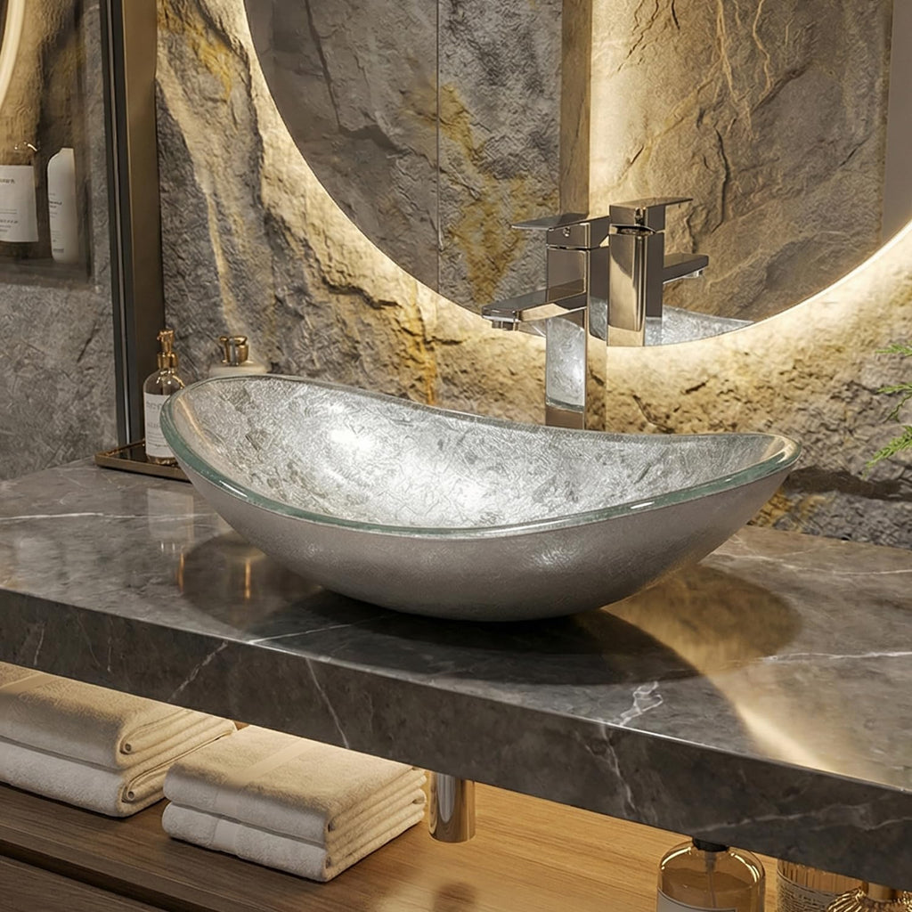 Bathroom Boat Shape Artistic Glass Vessel Sink, Gold