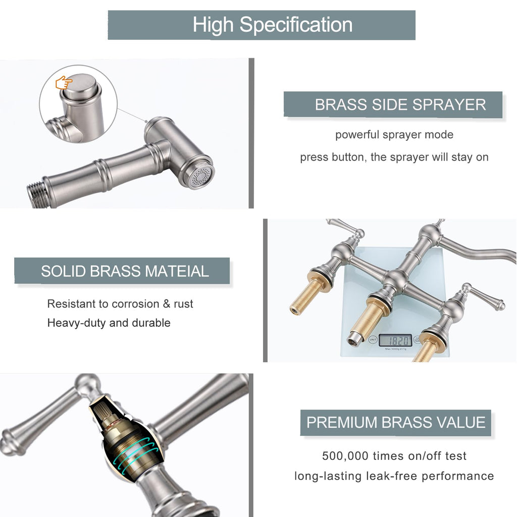 WOWOW Brass Bridge Kitchen Faucet 4 Hole with Side Sprayer, Brushed Gold