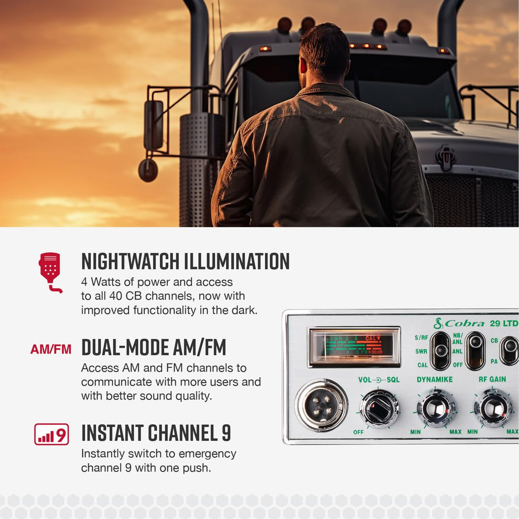 Cobra 29 LTD Chrome AM/FM Professional CB Radio - Easy to Operate, Emergency Radio, Instant Channel 9, 4-Watt Output, Full 40 Channels, Adjustable Receiver and SWR Calibration, Chrome