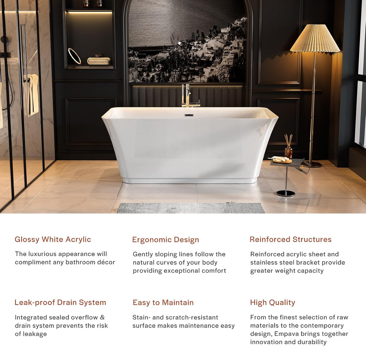 Empava 59 Inch Freestanding Bathtub - Modern Stand Alone Soaking Tubs